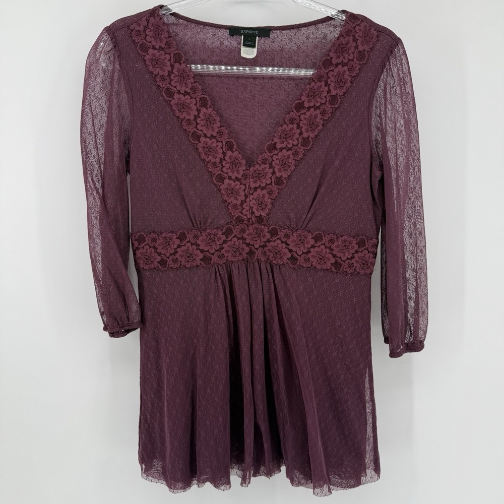 Vintage Express Womens Lace Trim Babydoll Top Large Whimsigoth Dark Romantic Y2K